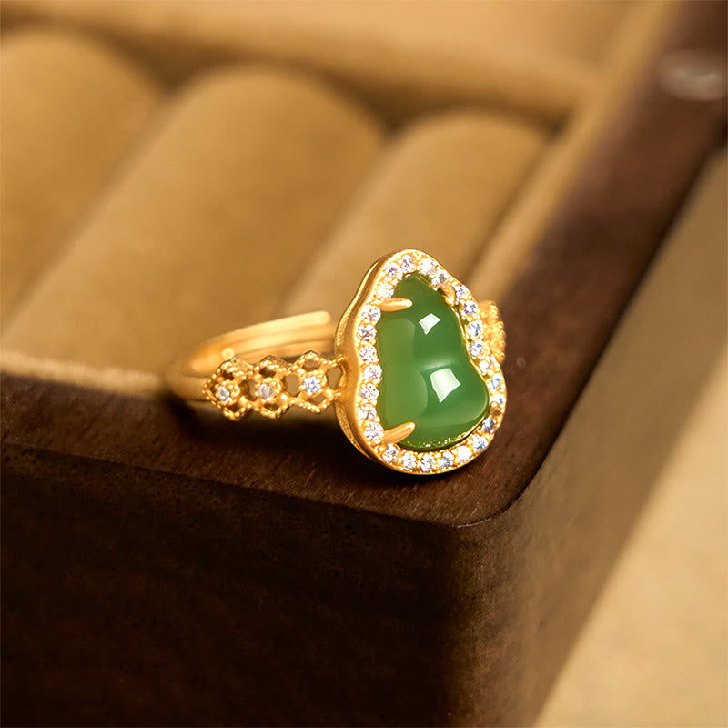 Anello regolabile in oro placcato rame con Buddha Stones, zucca vintage, calcedonio verde