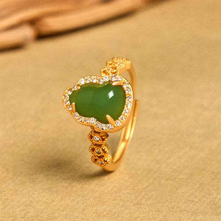 Anello regolabile in oro placcato rame con Buddha Stones, zucca vintage, calcedonio verde