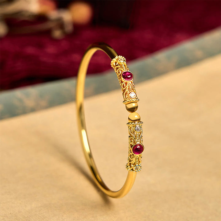 Bracciale rigido con motivo floreale Buddha Stones, zircone rosso, ambra e rame portafortuna - 60 millimetri - image 1