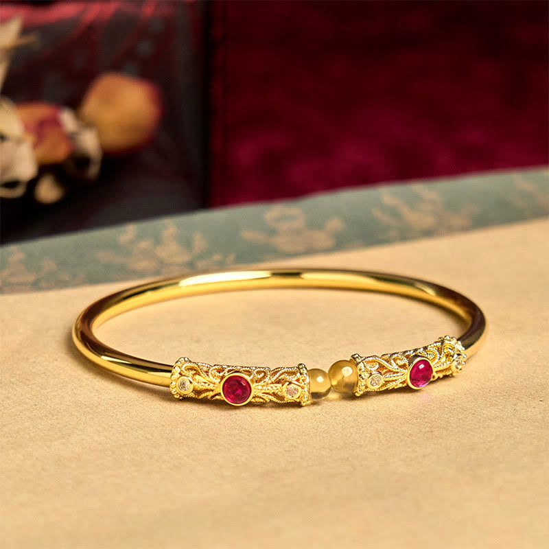 Bracciale rigido con motivo floreale Buddha Stones, zircone rosso, ambra e rame portafortuna - image 3