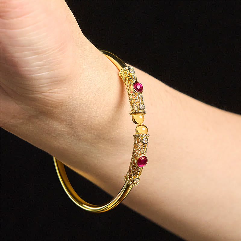 Bracciale rigido con motivo floreale Buddha Stones, zircone rosso, ambra e rame portafortuna - image 12