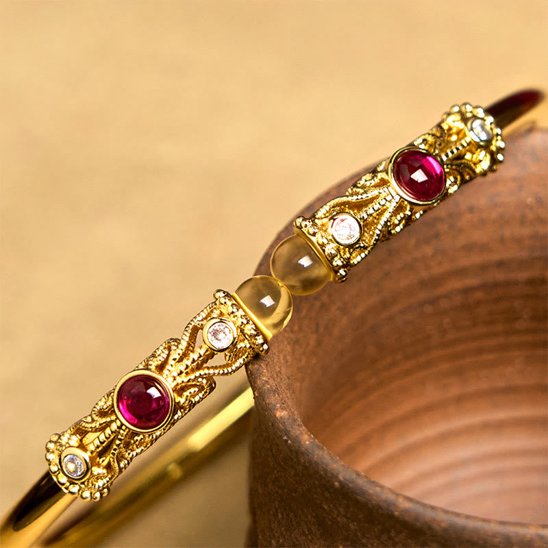 Bracciale rigido con motivo floreale Buddha Stones, zircone rosso, ambra e rame portafortuna - image 5