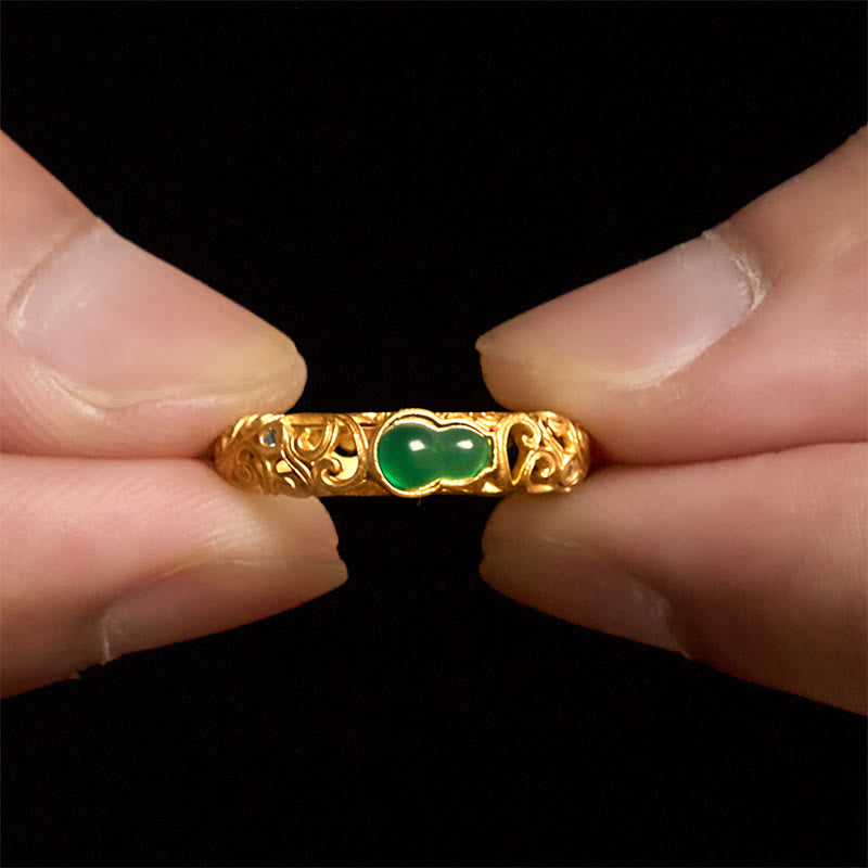 Anello di ricchezza in lega di rame con calcedonio verde zucca vintage Buddha Stones - image 5