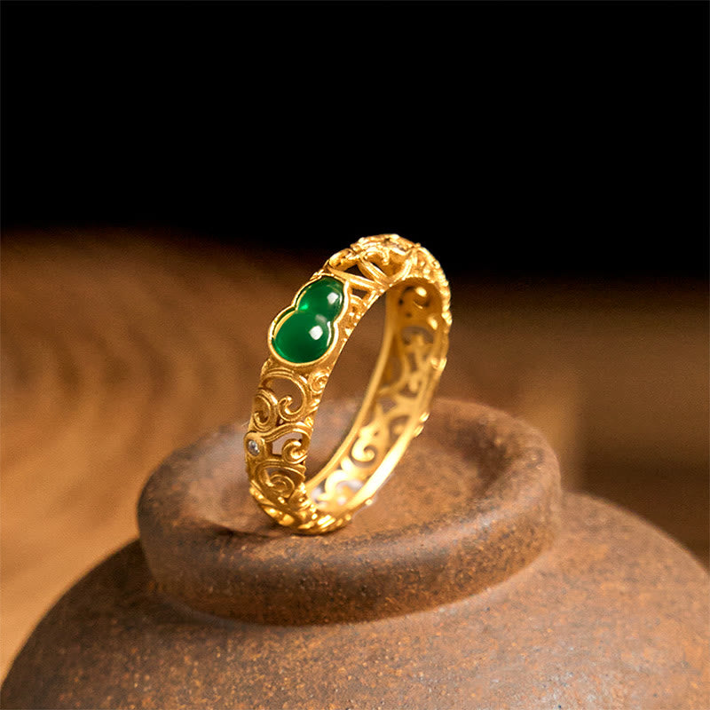 Anello di ricchezza in lega di rame con calcedonio verde zucca vintage Buddha Stones - US8 - image 1