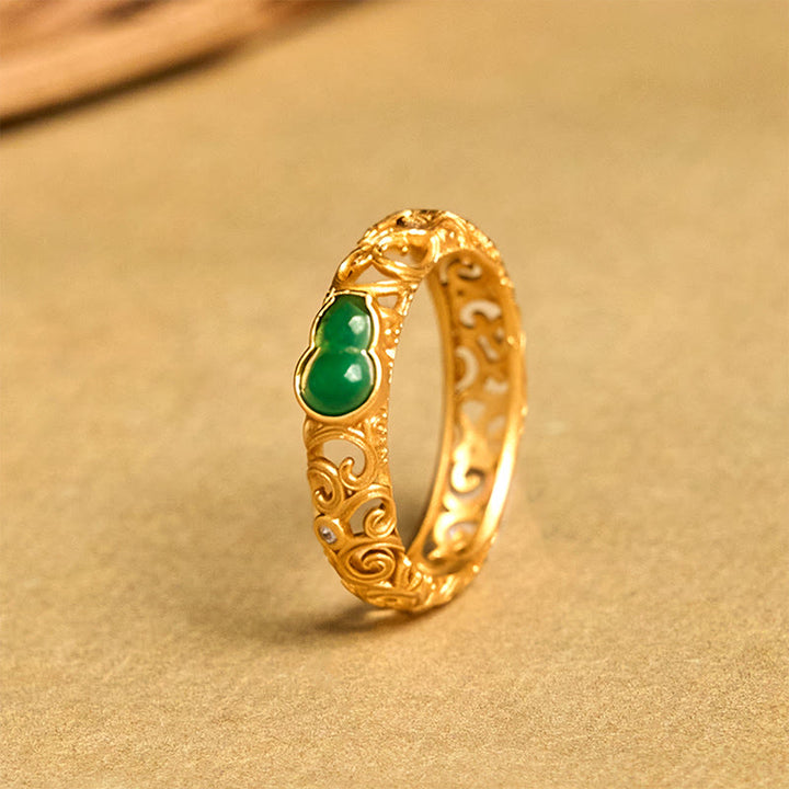 Anello di ricchezza in lega di rame con calcedonio verde zucca vintage Buddha Stones - image 4