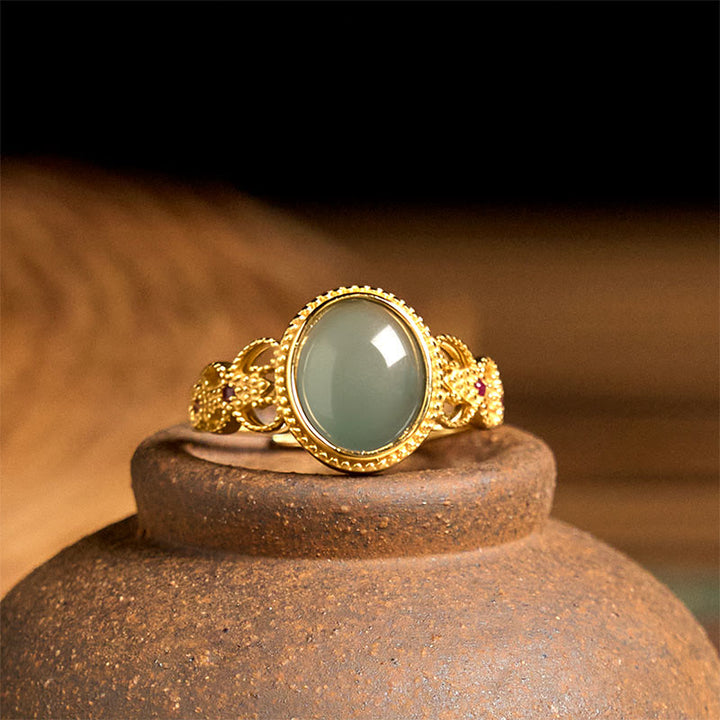 Anello portafortuna in giada con design cavo, placcato in oro e argento sterling 925 naturale Buddha Stones - image 10