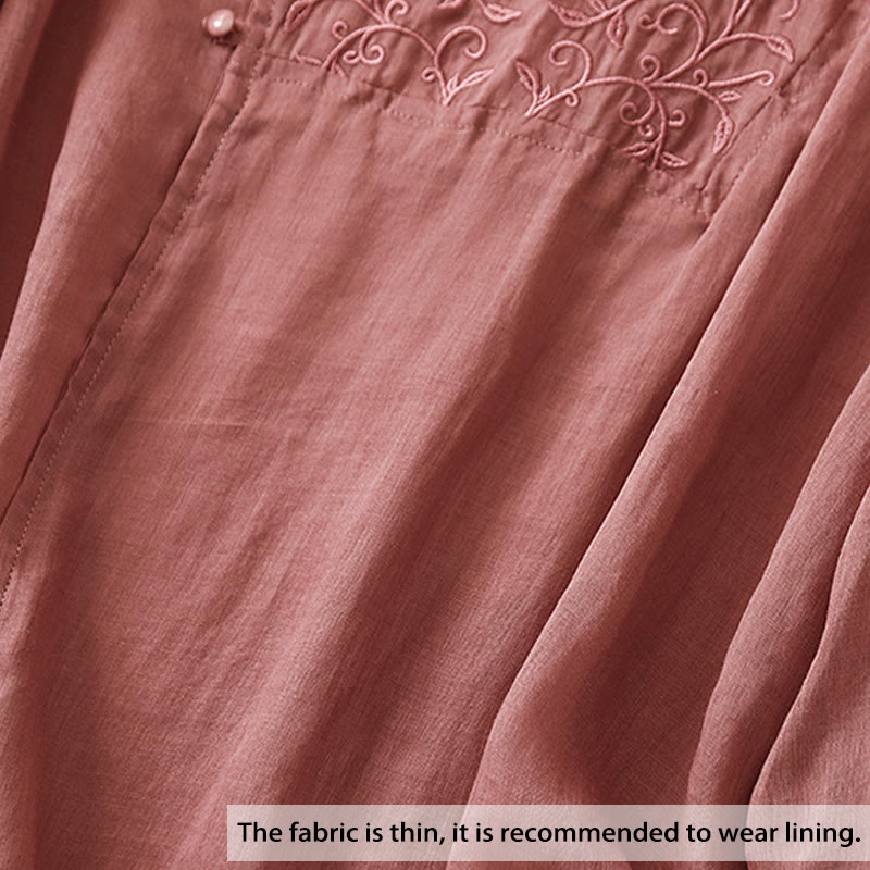Camicia da donna in cotone e lino con colletto obliquo, manica lunga, ricamo a bottone con rana , Buddha Stones - image 1