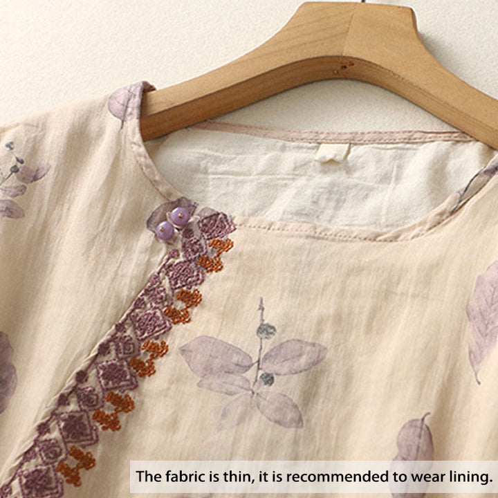 Camicia da donna in cotone e lino con maniche a tre quarti e ricamo di Buddha Stones e foglie - image 1