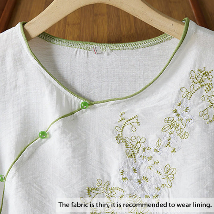 Buddha Stones casual da donna in cotone e lino con maniche a tre quarti, motivo a fiori ricamati, bottoni a rana, colletto inclinato - image 2