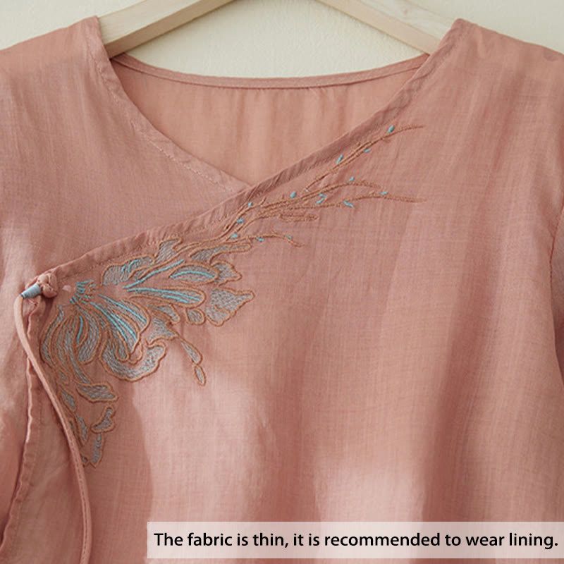 Camicia casual da donna in cotone e lino con maniche a tre quarti e ricamo di piante, motivo Buddha Stones - image 3