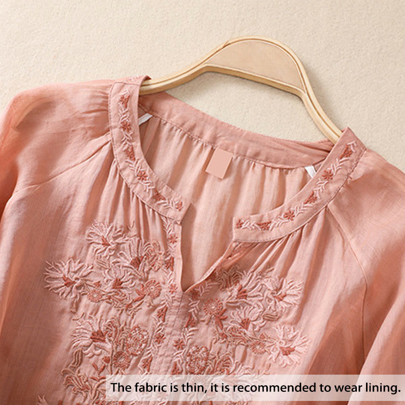 Camicia da donna in cotone e lino con maniche a tre quarti e ricamo Buddha Stones