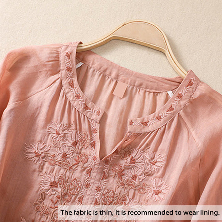 Camicia da donna in cotone e lino con maniche a tre quarti e ricamo Buddha Stones