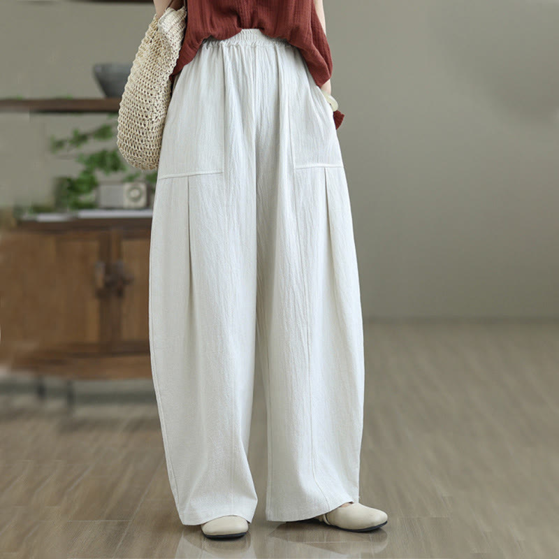 Pantaloni da donna in cotone e lino con tasche, lunghezza alla caviglia, modello Buddha Stones, modello semplice a pieghe - FlorealeBianco - US12, UK/AU16, EU44 (2XL) - image 8