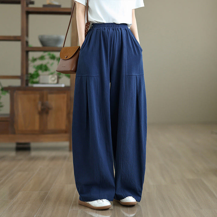 Pantaloni da donna in cotone e lino con tasche, lunghezza alla caviglia, modello Buddha Stones, modello semplice a pieghe - Blu notte - US12, UK/AU16, EU44 (2XL) - image 14