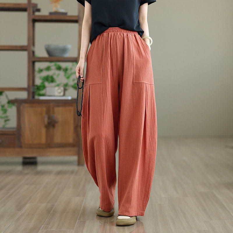 Pantaloni da donna in cotone e lino con tasche, lunghezza alla caviglia, modello Buddha Stones, modello semplice a pieghe - Arancione Rosso - US12, UK/AU16, EU44 (2XL) - image 1