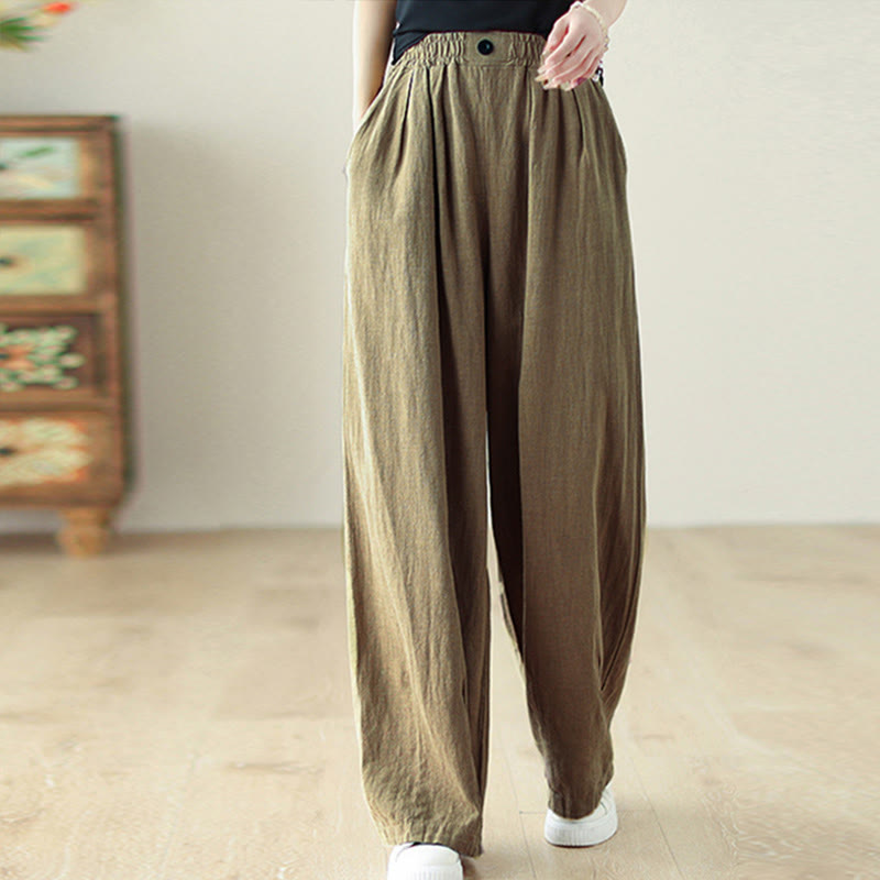 Pantaloni da donna in cotone e lino con elastico in vita e tasche, modello Buddha Stones Commute Button Design - DarkKhaki - US12, UK/AU16, EU44 (3XL) - image 1