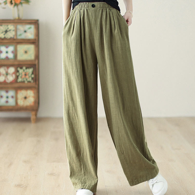Pantaloni da donna in cotone e lino con elastico in vita e tasche, modello Buddha Stones Commute Button Design - image 5
