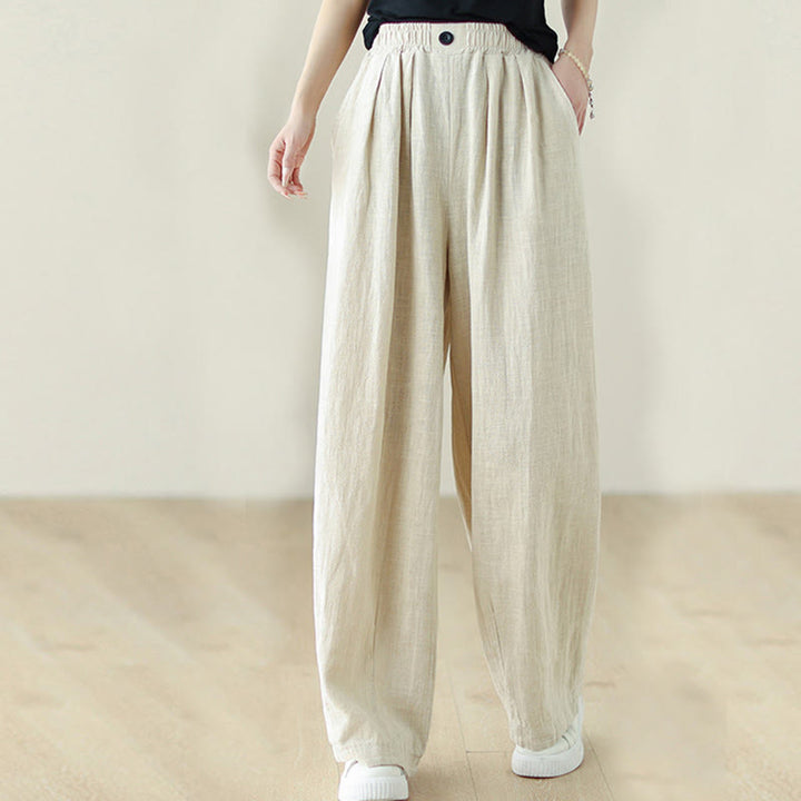 Pantaloni da donna in cotone e lino con elastico in vita e tasche, modello Buddha Stones Commute Button Design - image 16