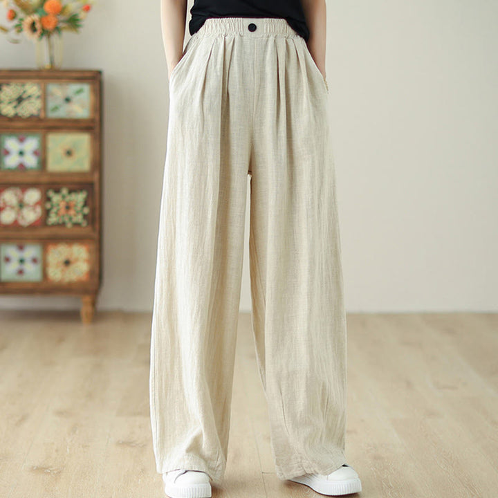 Pantaloni da donna in cotone e lino con elastico in vita e tasche, modello Buddha Stones Commute Button Design - Beige - US12, UK/AU16, EU44 (3XL) - image 12