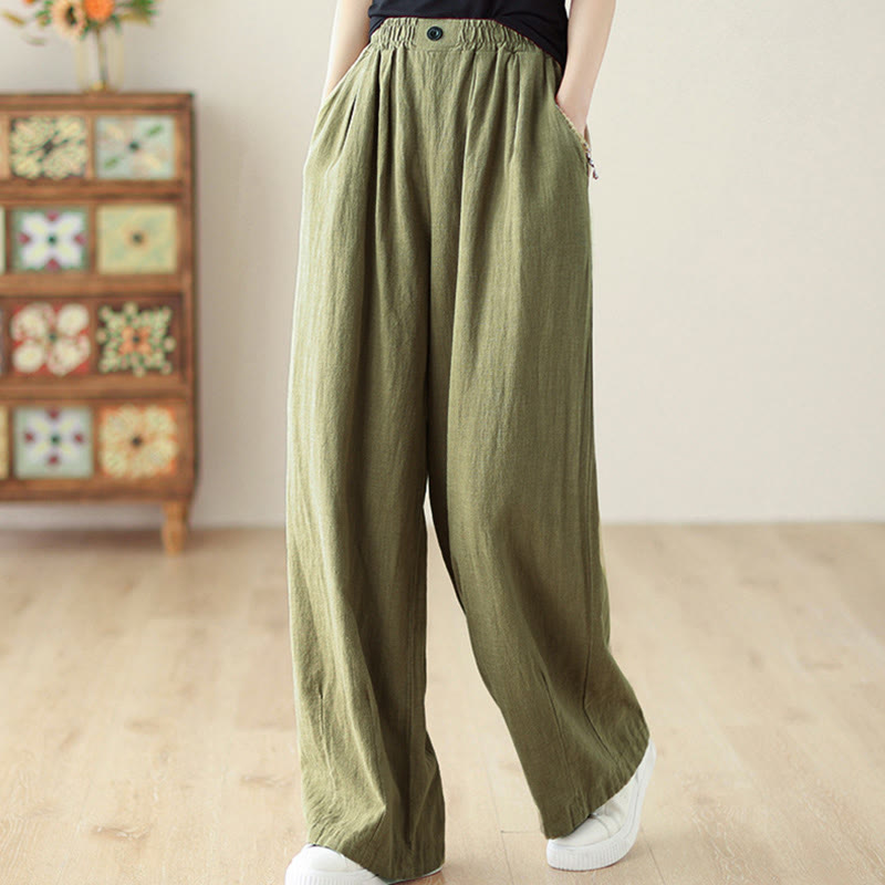 Pantaloni da donna in cotone e lino con elastico in vita e tasche, modello Buddha Stones Commute Button Design - Verde oliva - US12, UK/AU16, EU44 (3XL) - image 3