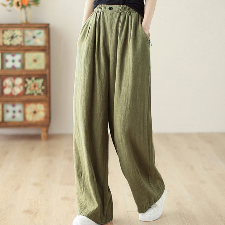 Pantaloni da donna in cotone e lino con elastico in vita e tasche, modello Buddha Stones Commute Button Design - Verde oliva - US12, UK/AU16, EU44 (3XL) - image 3