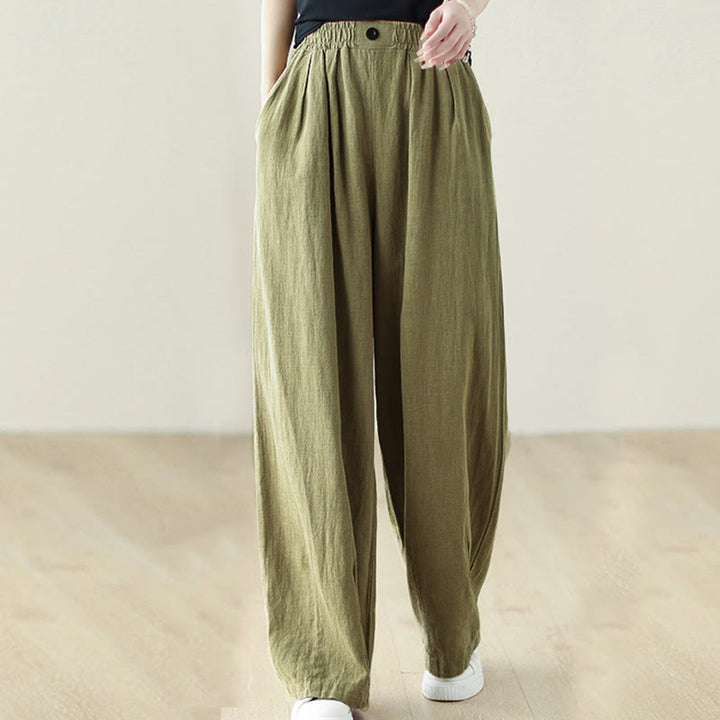 Pantaloni da donna in cotone e lino con elastico in vita e tasche, modello Buddha Stones Commute Button Design - image 5