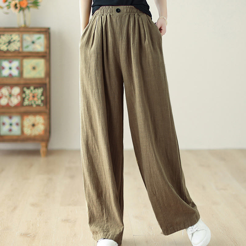 Pantaloni da donna in cotone e lino con elastico in vita e tasche, modello Buddha Stones Commute Button Design - image 2