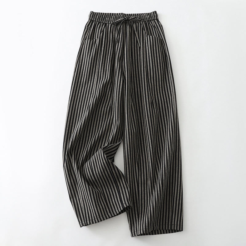 Pantaloni larghi in cotone con coulisse a righe Buddha Stones Commute da donna con tasche - Nero - US8-10, UK/AU12-14, EU40-42 (2XL) - image 1