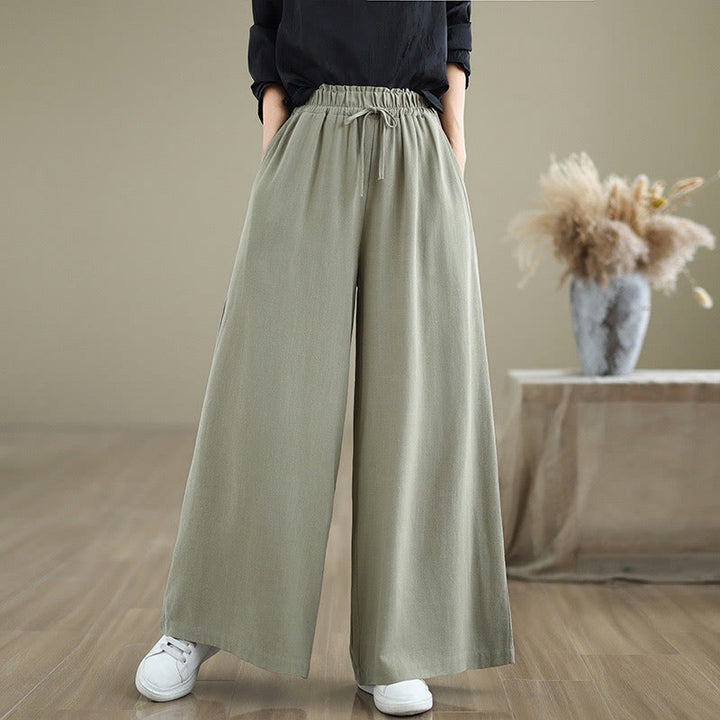 Pantaloni da donna in cotone e lino con tasche, modello Buddha Stones Commute, semplici e allacciati, a gamba larga - DarkSeaGreen - US6, UK/AU10, EU38 (XL) - image 0