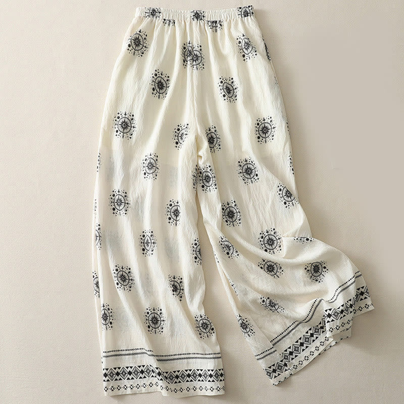 Pantaloni larghi in cotone da donna con tasche, stampa bohémien con motivo celeste Buddha Stones - image 6
