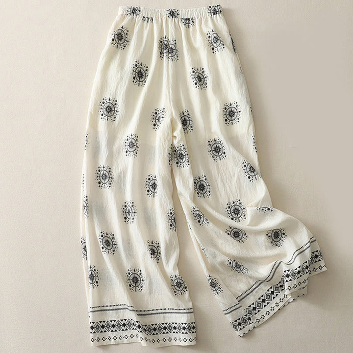 Pantaloni larghi in cotone da donna con tasche, stampa bohémien con motivo celeste Buddha Stones - image 6