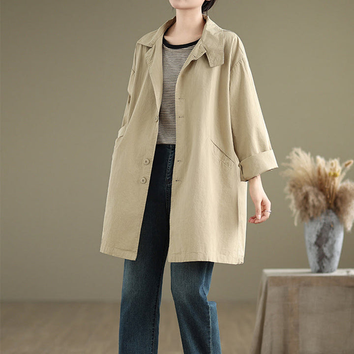 Giacca da donna in cotone e lino con maniche lunghe, modello Buddha Stones Spring, bottoni semplici e tasche - image 11