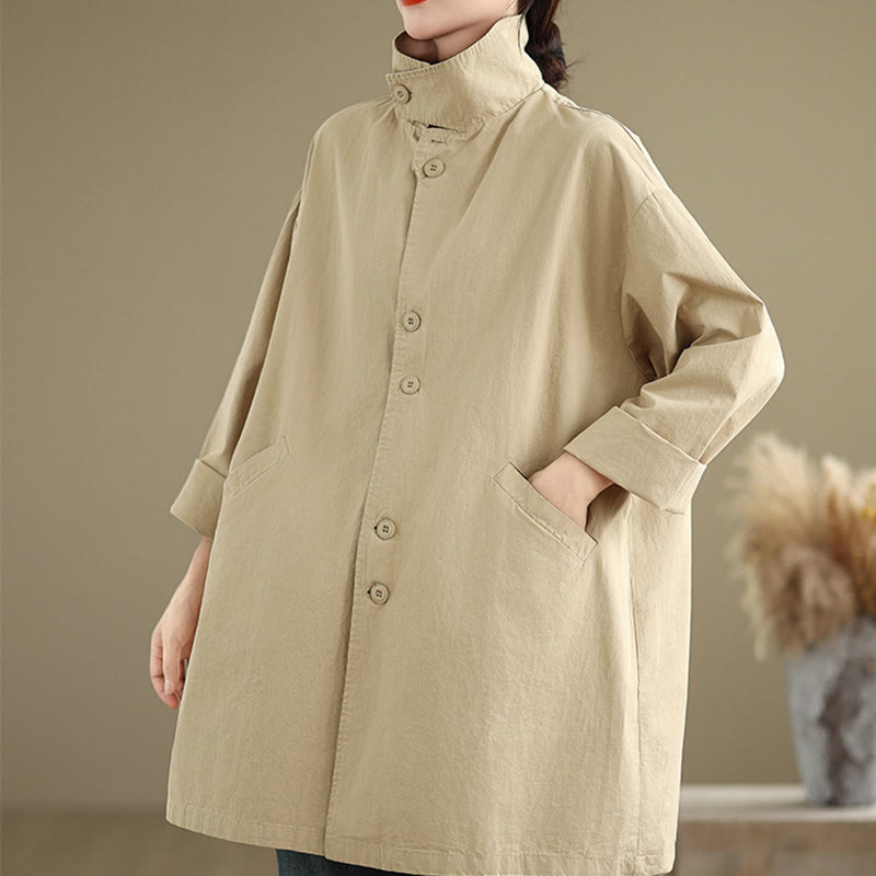 Giacca da donna in cotone e lino con maniche lunghe, modello Buddha Stones Spring, bottoni semplici e tasche - image 4