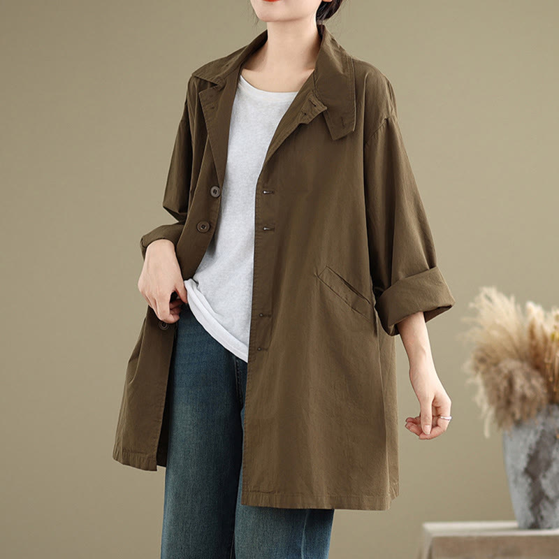 Giacca da donna in cotone e lino con maniche lunghe, modello Buddha Stones Spring, bottoni semplici e tasche - Marrone sella - US12, UK/AU16, EU44 (XL) - image 17