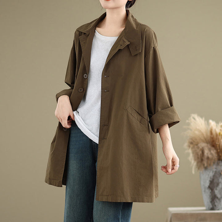 Giacca da donna in cotone e lino con maniche lunghe, modello Buddha Stones Spring, bottoni semplici e tasche - Marrone sella - US12, UK/AU16, EU44 (XL) - image 17