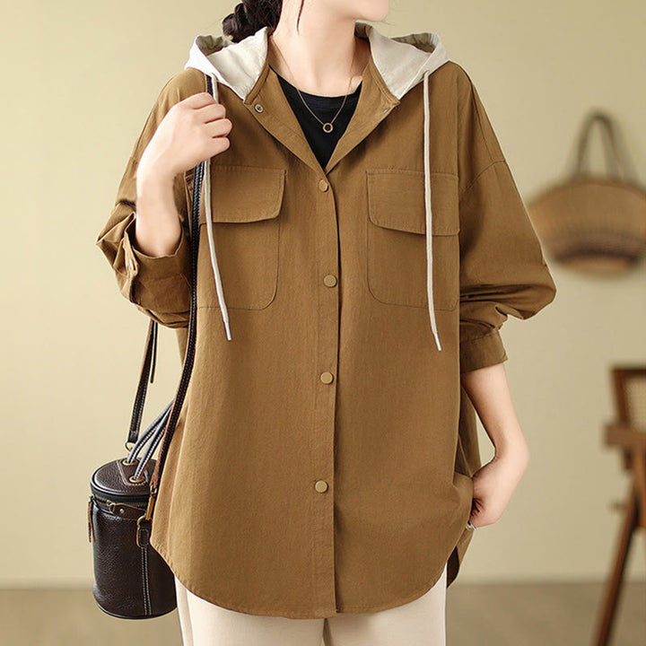 Giacca da donna in cotone e lino con tasche e cappuccio con coulisse Buddha Stones Casual Commute - image 10