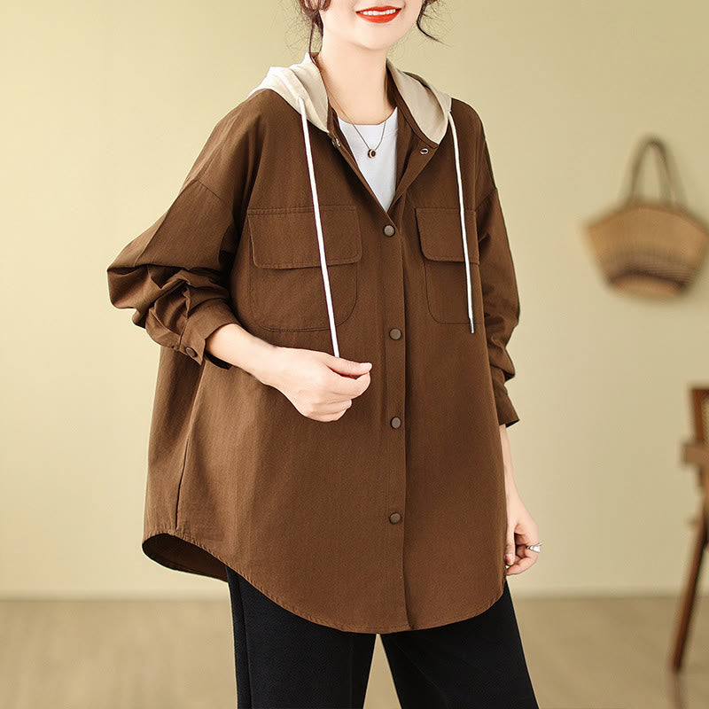Giacca da donna in cotone e lino con tasche e cappuccio con coulisse Buddha Stones Casual Commute - image 2