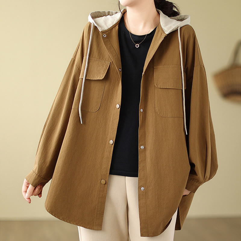 Giacca da donna in cotone e lino con tasche e cappuccio con coulisse Buddha Stones Casual Commute - image 11