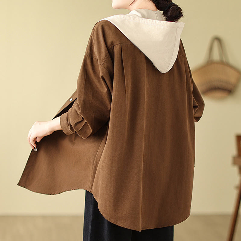 Giacca da donna in cotone e lino con tasche e cappuccio con coulisse Buddha Stones Casual Commute - image 3