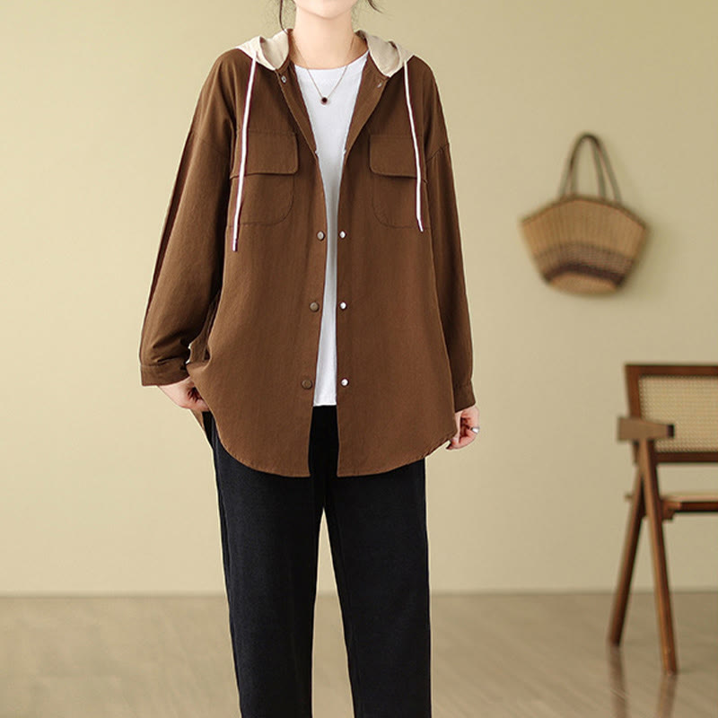 Giacca da donna in cotone e lino con tasche e cappuccio con coulisse Buddha Stones Casual Commute - image 5