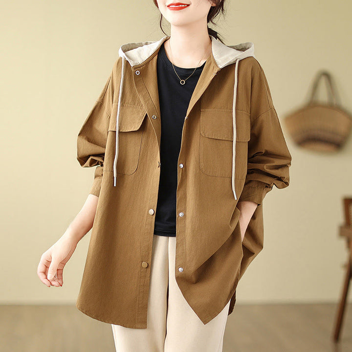 Giacca da donna in cotone e lino con tasche e cappuccio con coulisse Buddha Stones Casual Commute - Verga d'oro - US14, UK/AU18, EU46 (2XL) - image 7