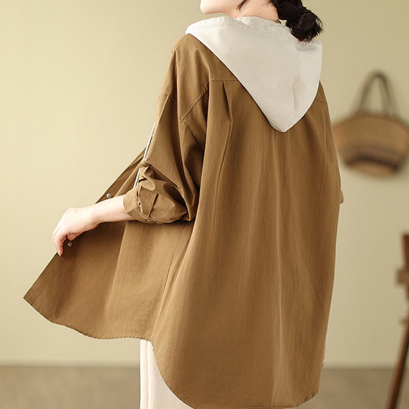 Giacca da donna in cotone e lino con tasche e cappuccio con coulisse Buddha Stones Casual Commute - image 9