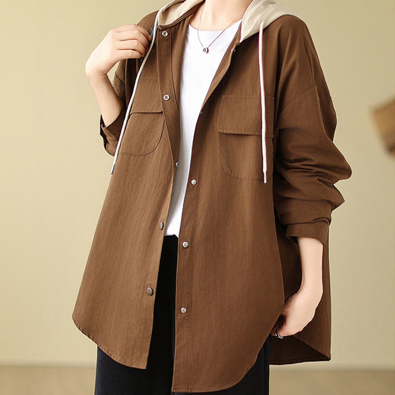 Giacca da donna in cotone e lino con tasche e cappuccio con coulisse Buddha Stones Casual Commute - Marrone sella - US14, UK/AU18, EU46 (2XL) - image 0