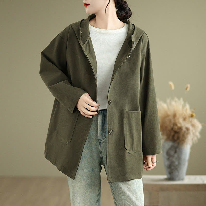 Giacca da donna in cotone e lino con cappuccio vintage autunnale Buddha Stones con tasche anteriori - Verde oliva - US12, UK/AU16, EU44 (XL) - image 1