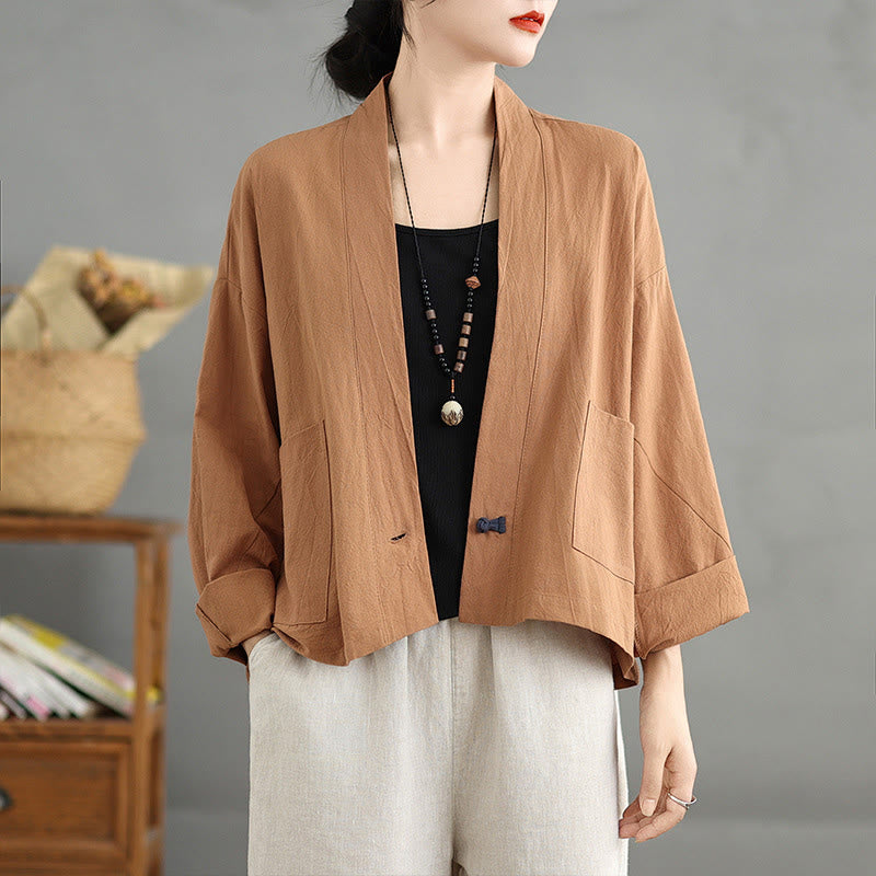 Giacca in lino e cotone con tasche, casual, vintage, a maniche lunghe, aperta sul davanti, con cardigan Buddha Stones - Perù - US14, UK/AU18, EU46 (2XL) - image 0