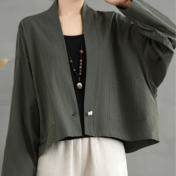 Giacca in lino e cotone con tasche, casual, vintage, a maniche lunghe, aperta sul davanti, con cardigan Buddha Stones - Verde oliva scuro - US14, UK/AU18, EU46 (2XL) - image 14
