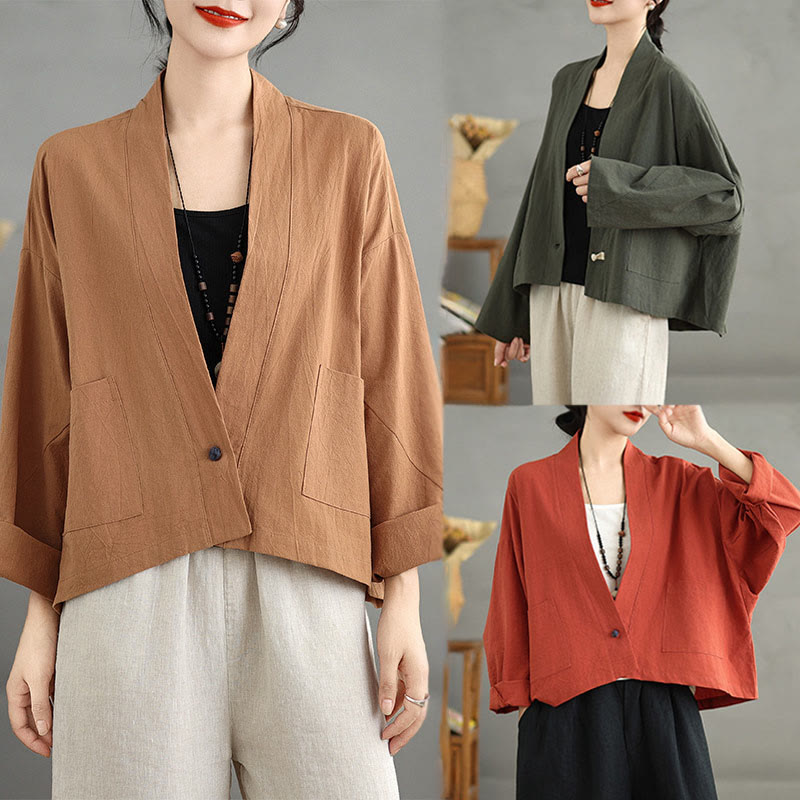Giacca in lino e cotone con tasche, casual, vintage, a maniche lunghe, aperta sul davanti, con cardigan Buddha Stones - image 22