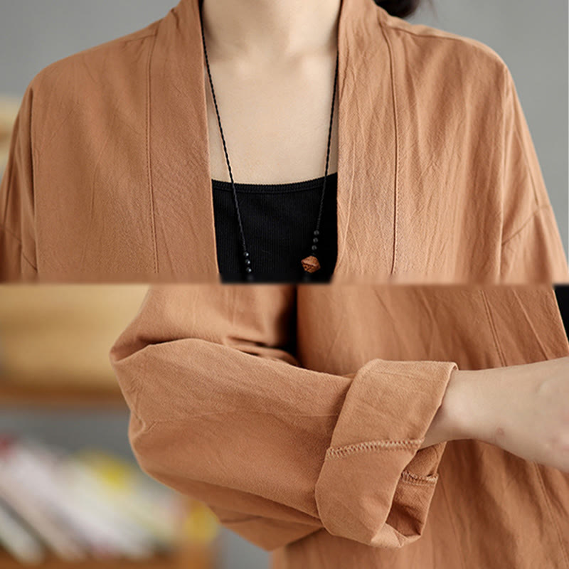 Giacca in lino e cotone con tasche, casual, vintage, a maniche lunghe, aperta sul davanti, con cardigan Buddha Stones - image 7