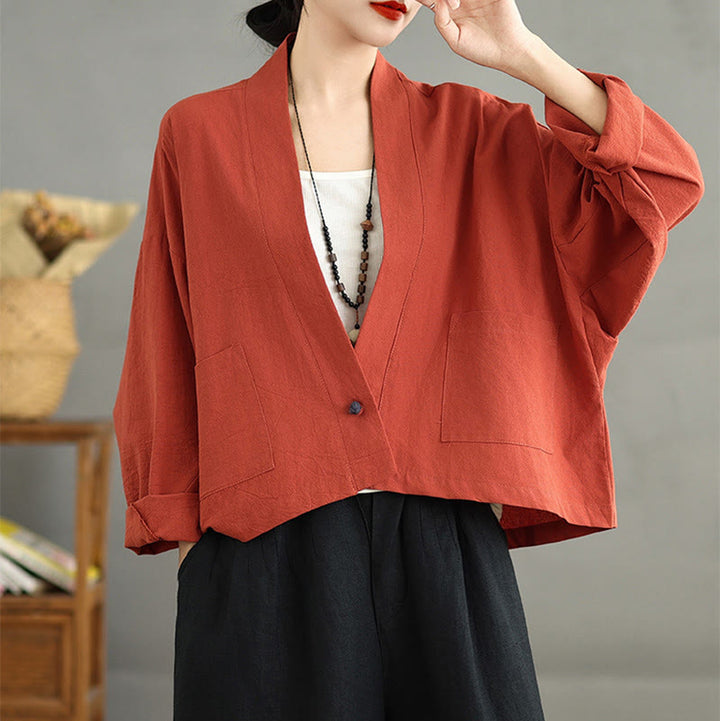 Giacca in lino e cotone con tasche, casual, vintage, a maniche lunghe, aperta sul davanti, con cardigan Buddha Stones - image 11