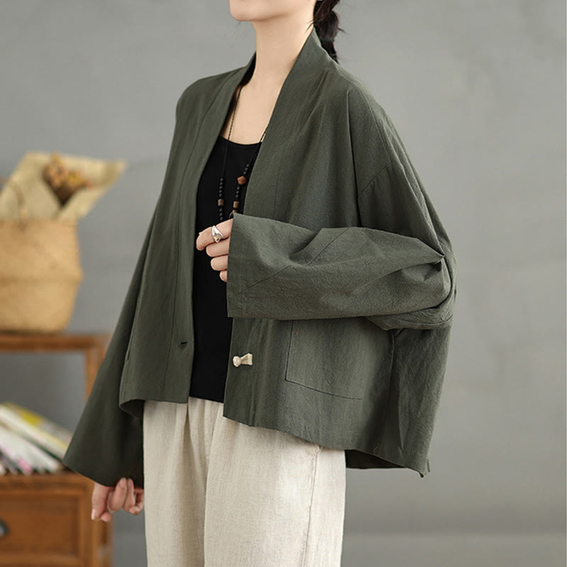 Giacca in lino e cotone con tasche, casual, vintage, a maniche lunghe, aperta sul davanti, con cardigan Buddha Stones - image 17